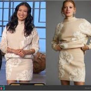 Anthropologie Cream and White Fuzzy Sweater with floral pattern.